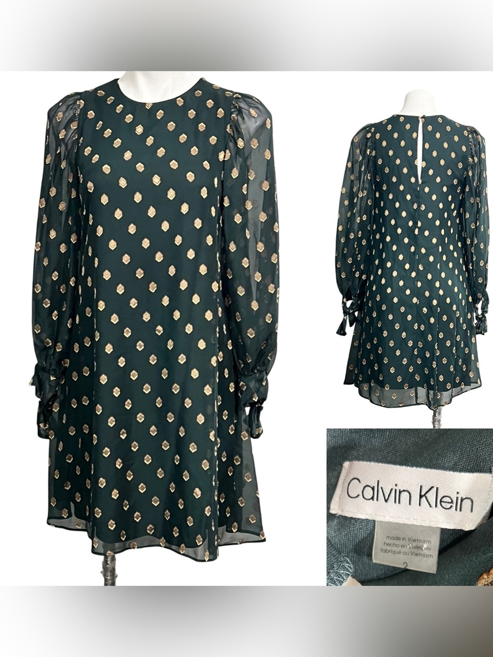 Calvin‎ Klein Dress Sz 2 Gold Foil Dot Print Emerald Green office summer
